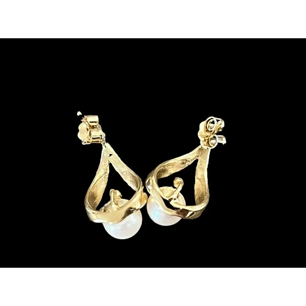 Vintage Signed UL 14K Gold Pearl Diamond Drop Pierced Earrings - Picture 4 of 10